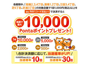 【au PAY】高輪・品川・田町の対象店舗でコード支払いで決済すると最大1万Pontaポイントが当たるキャンペーン開催